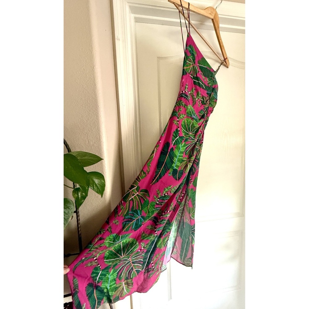 Farm Rio Leaves Pink Midi Dress XS Strappy Ruched Front Slit Tropical Print - Picture 2 of 16